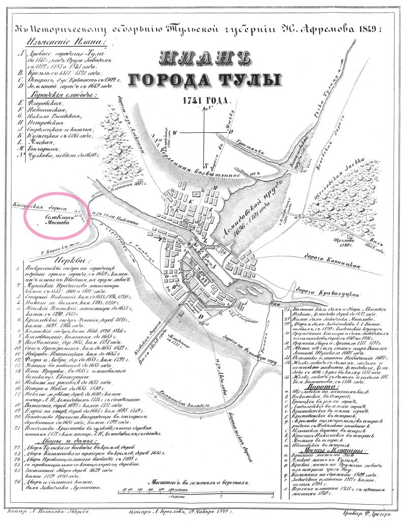 Село Клин (Мясново) на плане города Тулы, 1741 год
